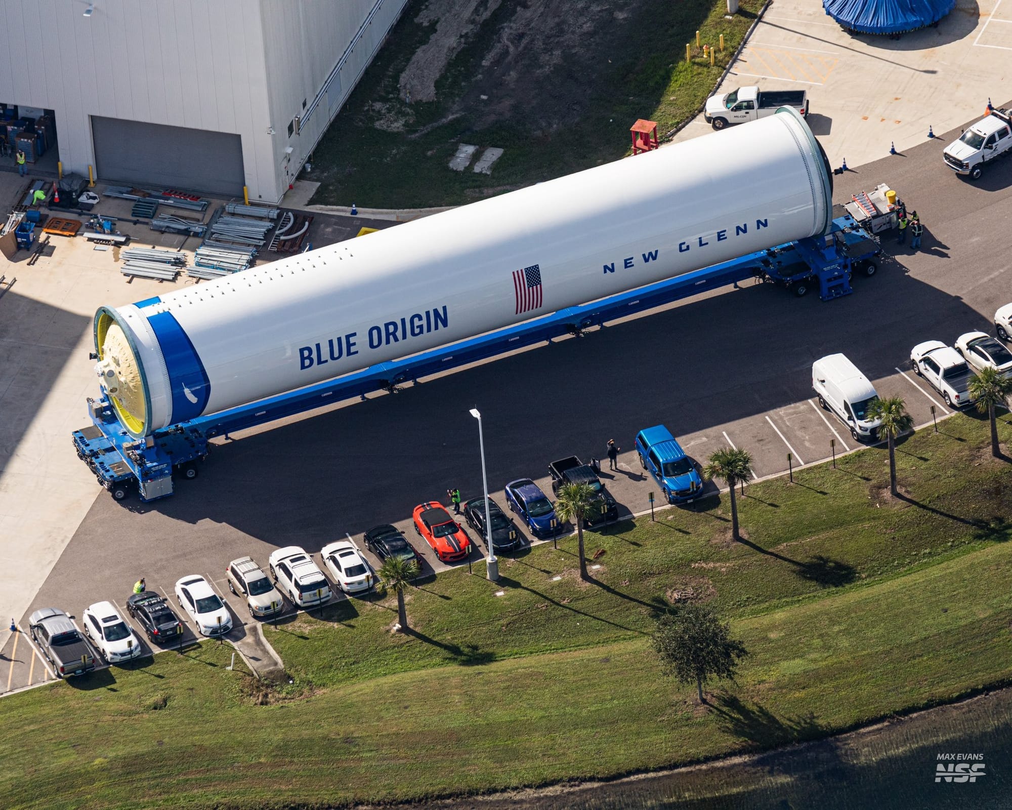New Glenn's first stage tanks outside of Blue Origin's factory. ©NSF/Max Evans