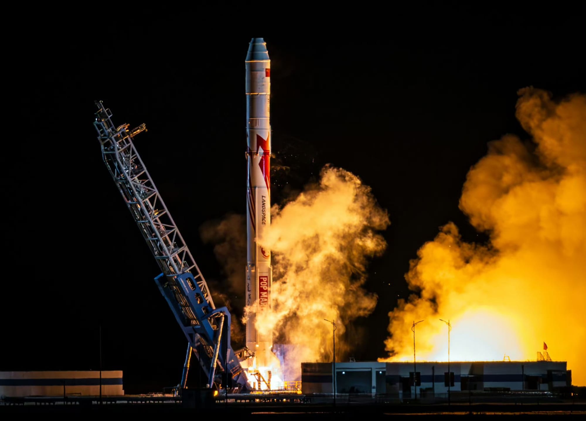 Zhuque-2 lifting off from its launch pad at Jiuquan Satellite Launch Center.