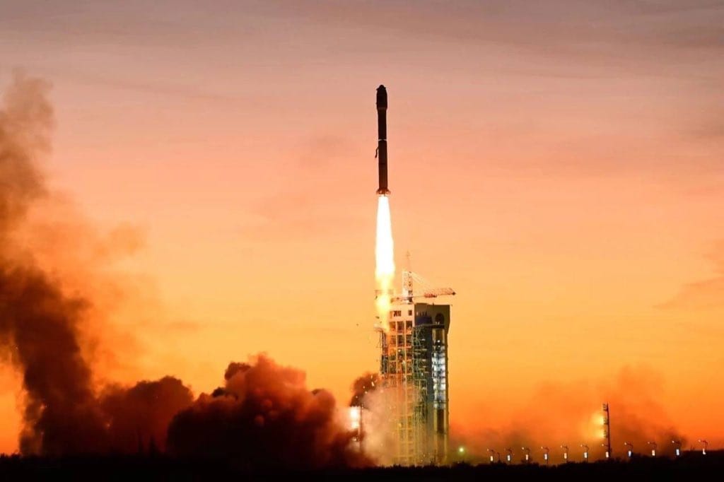 Long March 2C lifting off from its launch pad at the Jiuquan Satellite Launch Center with the SatNet test spacecraft.