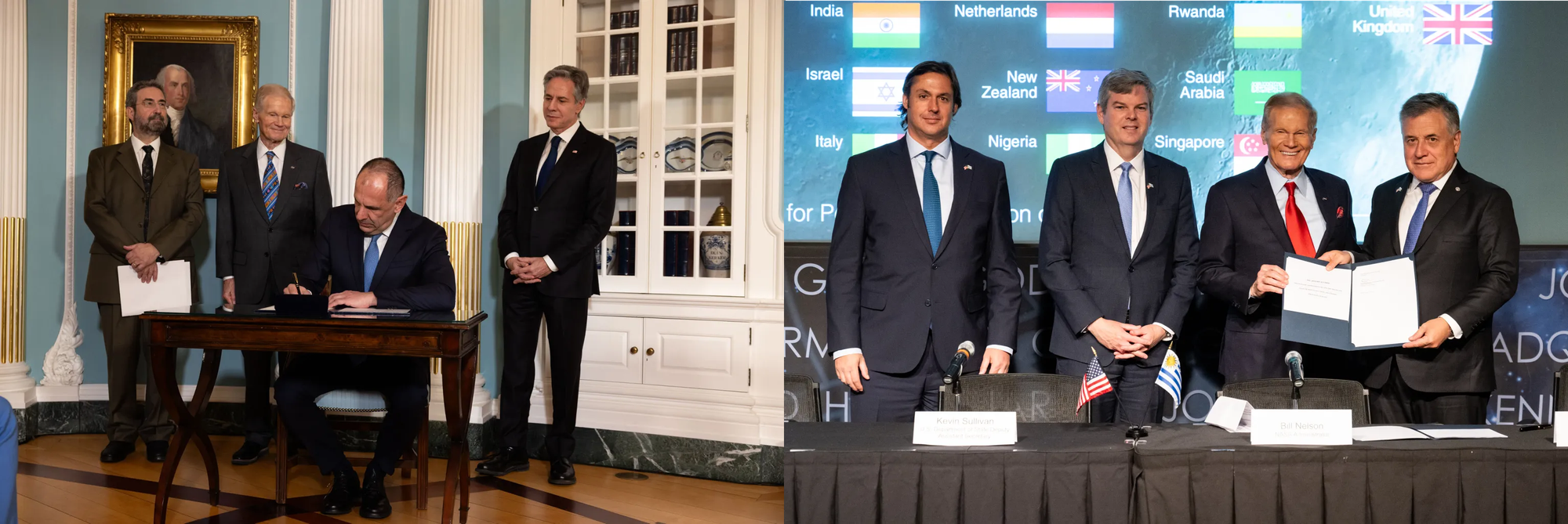 Giorgos Gerapetritis, Greek foreign minister, signs the Artemis Accords (left), Uruguayan Ambassador to the United States Andrés Augusto Durán Hareau (right) after signing the Artemis Accords. ©NASA/U.S. State Department/Chuck Kennedy/Keegan Barber