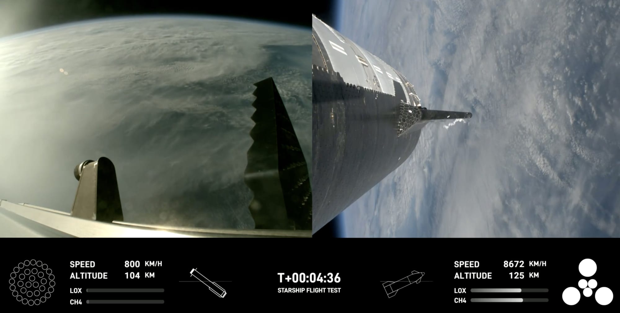Booster 10 (left) during its unpowered coast after its 'boost back' burn and Ship 28 (right) during ascent on its way to space. ©SpaceX