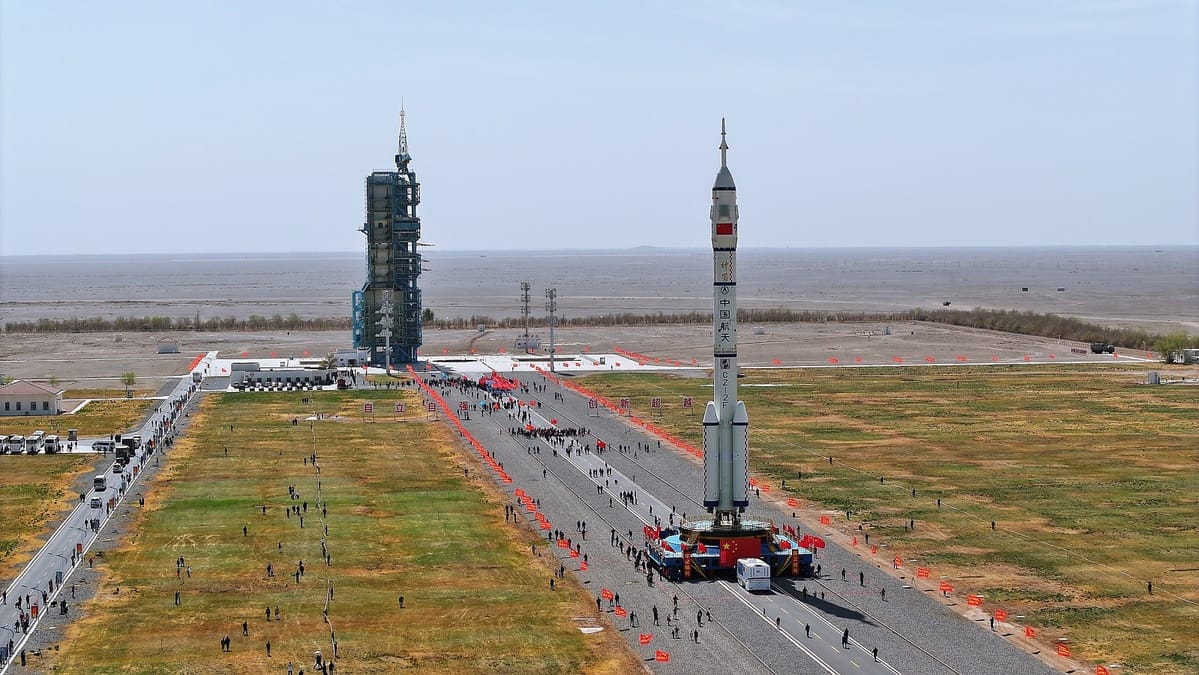 The Long March 2F for the Shenzhou-18 mission during rollout to its launch pad. ©China Manned Space Agency
