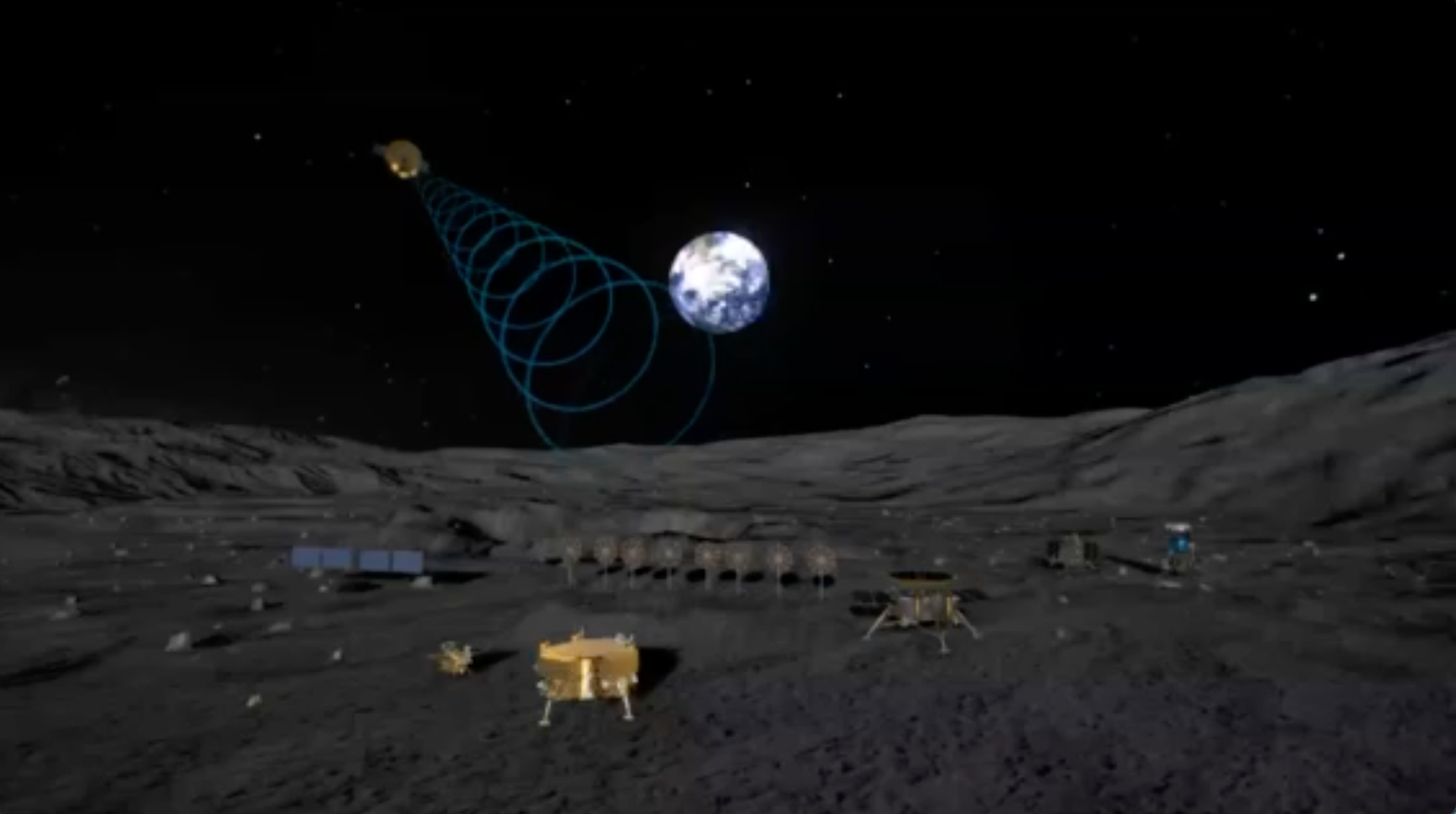 A render of the robotic phase of the International Lunar Research Station. ©China National Space Administration