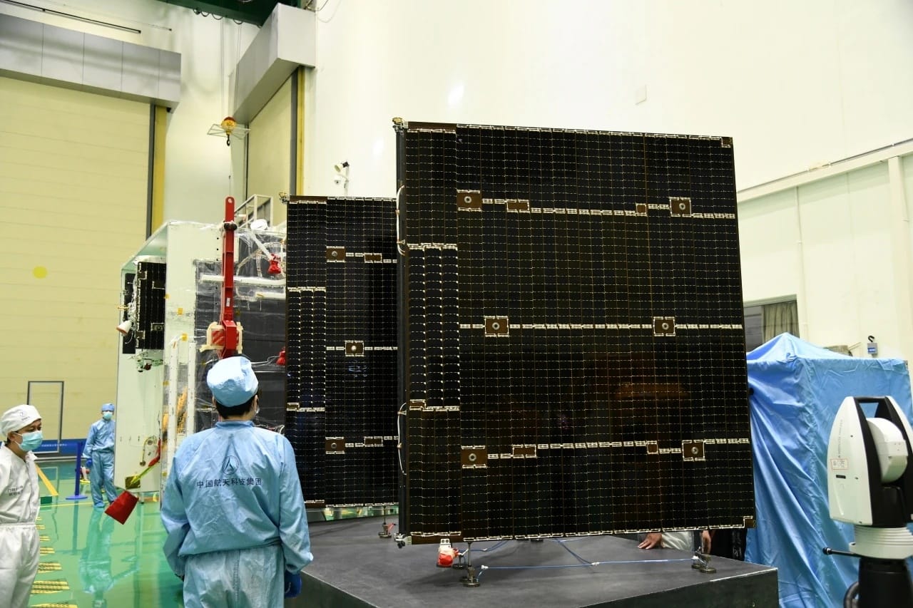 One of the Smart SkyNet satellites undergoing final testing in a clean room.