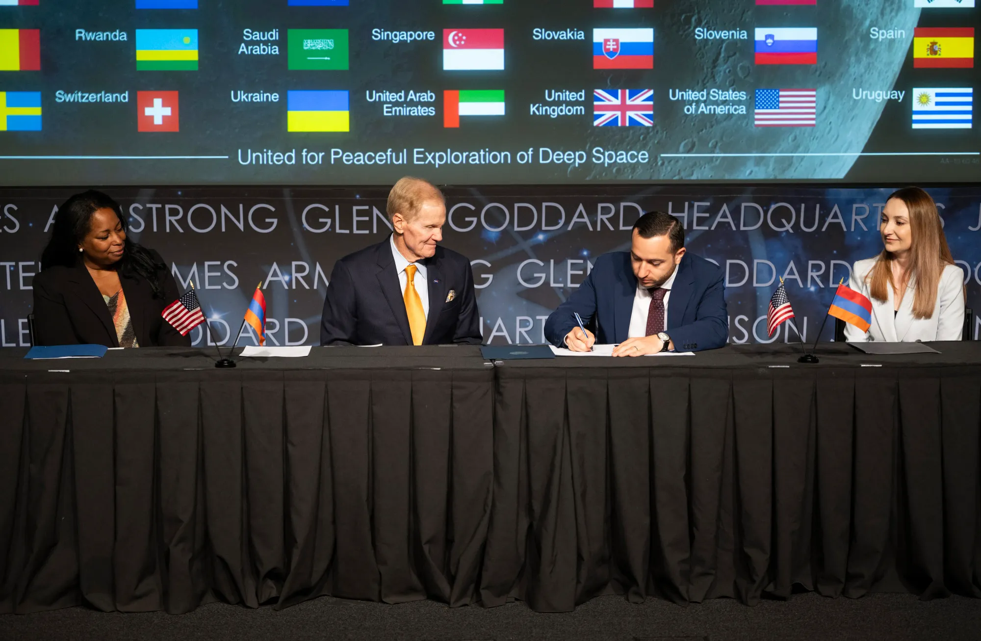 Acting Assistant Secretary of State for the Bureau of Oceans and International Environmental and Scientific Affairs Jennifer Littlejohn (left), NASA Administrator Bill Nelson (center left), Minister of High-Tech Industry of the Republic of Armenia Mkhitar Hayrapetyan (center right), and Ambassador of the Republic of Armenia to the United States Lilit Makunts (right) during Armenia's signing of the Artemis Accords. ©Joel Kowsky/NASA
