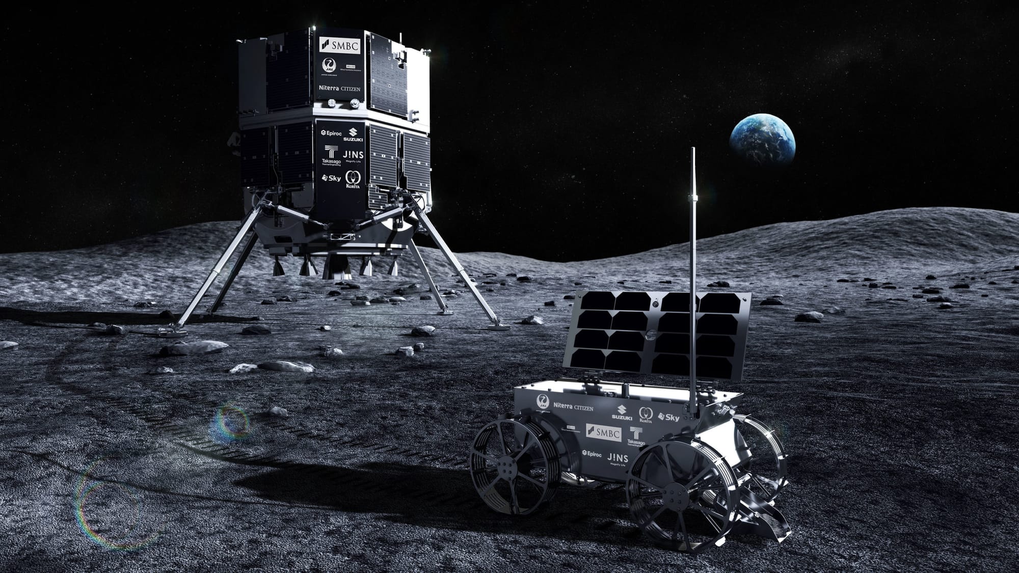 A render of ispace's Hakuto-R lander and TENACIOUS rover on the lunar surface. ©ispace