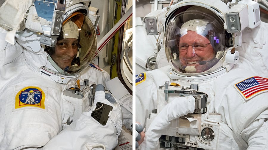 NASA astronauts Suni Williams (left) and Butch Wilmore (right) preparing for their spacewalk. ©NASA