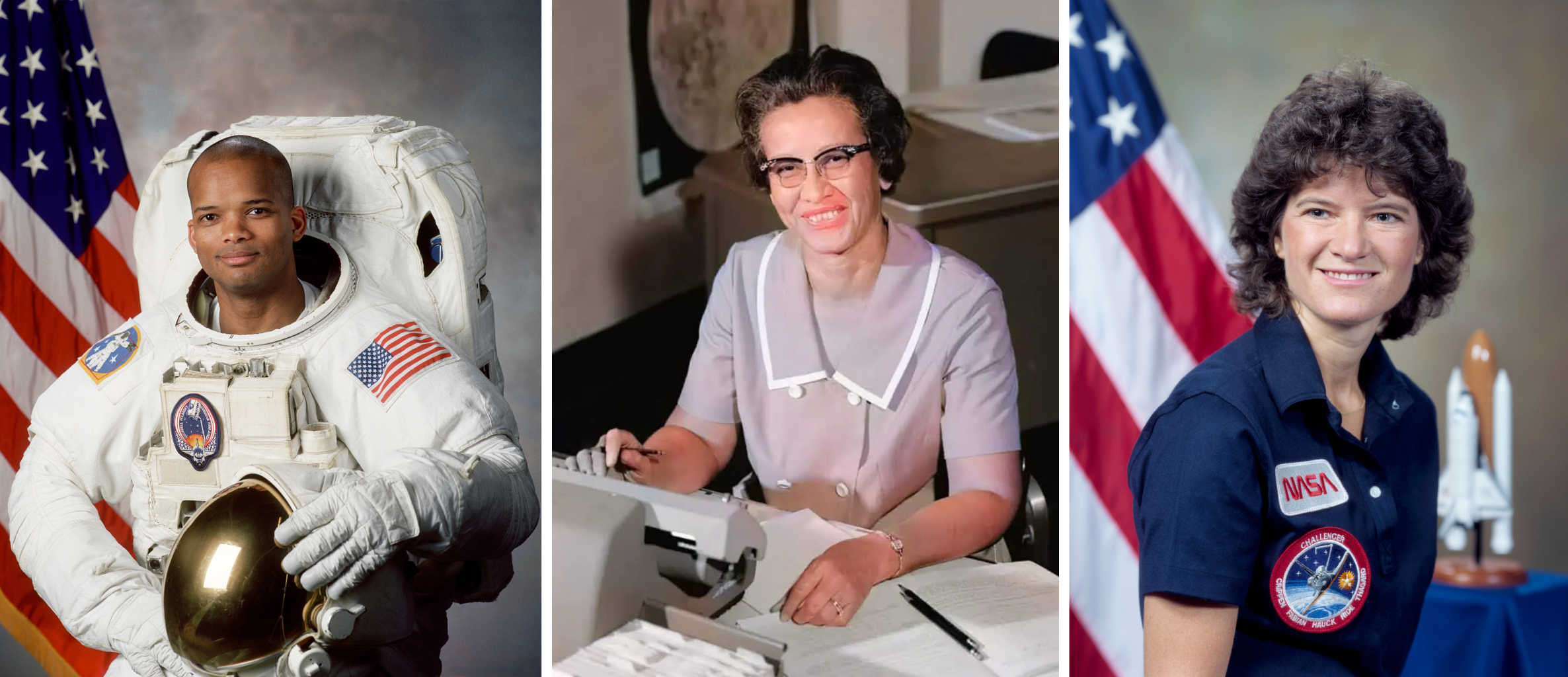 Robert Curbeam (left), a veteran of several spacewalks, Katherine Johnson (center), a mathematician key in getting Americans into space, and Sally Ride (right), the first queer astronaut. ©NASA/Historical Stock Photos