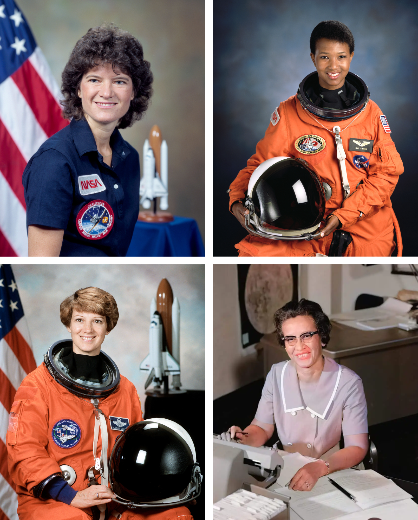 From top left to bottom right: Sally Ride, the first American woman in space, Mae Jemison, the first African-American woman in space, Eileen Collins, the first woman to command a U.S. space mission, and Katherine Johnson, a mathematician key in getting Americans into space. ©NASA
