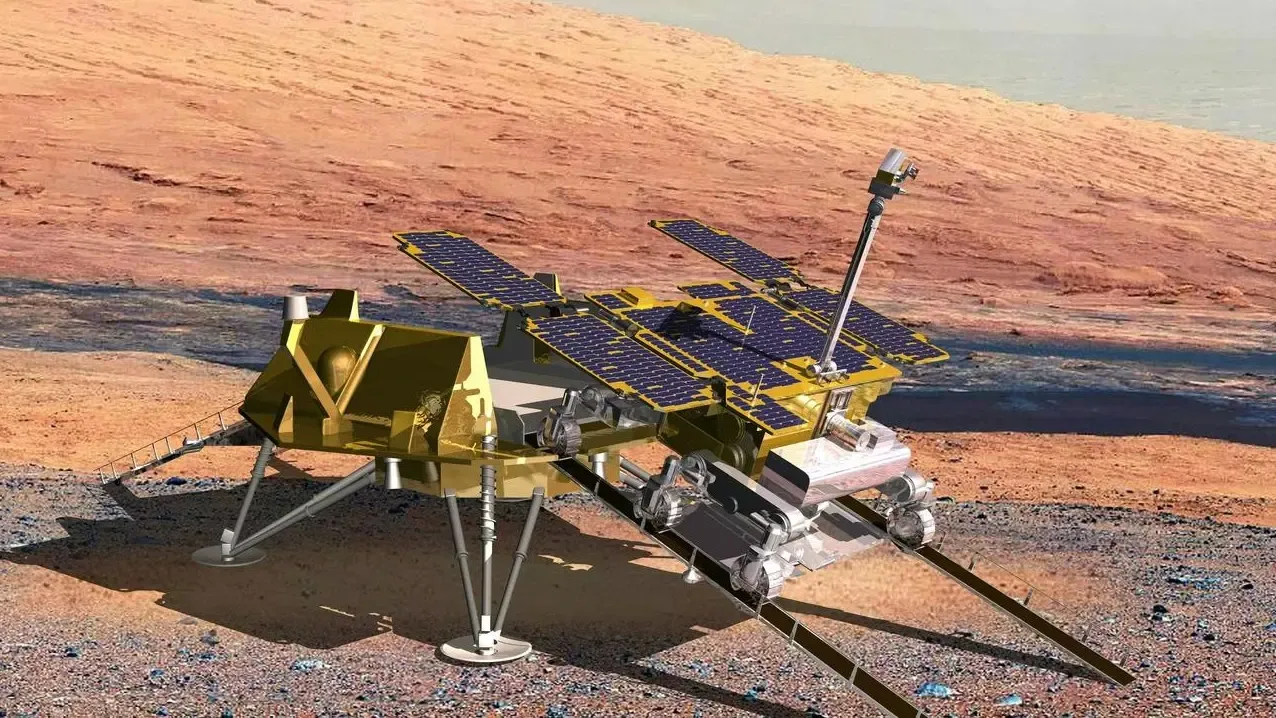 A render of the Rosalind Franklin rover rolling toward the Martian surface. ©Airbus