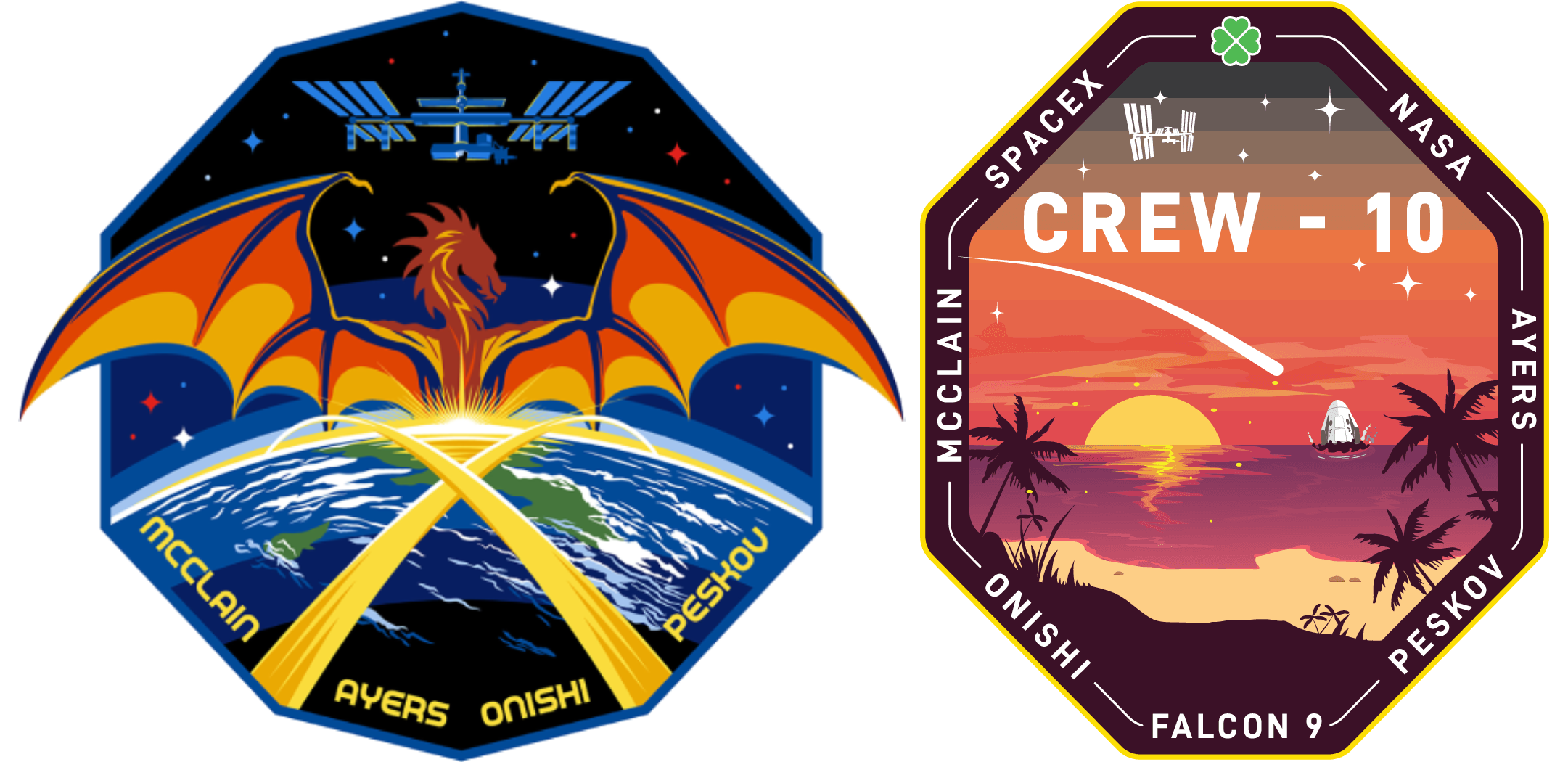NASA Crew-10 mission patch (left) and SpaceX's Crew-10 patch (right). ©NASA/SpaceX