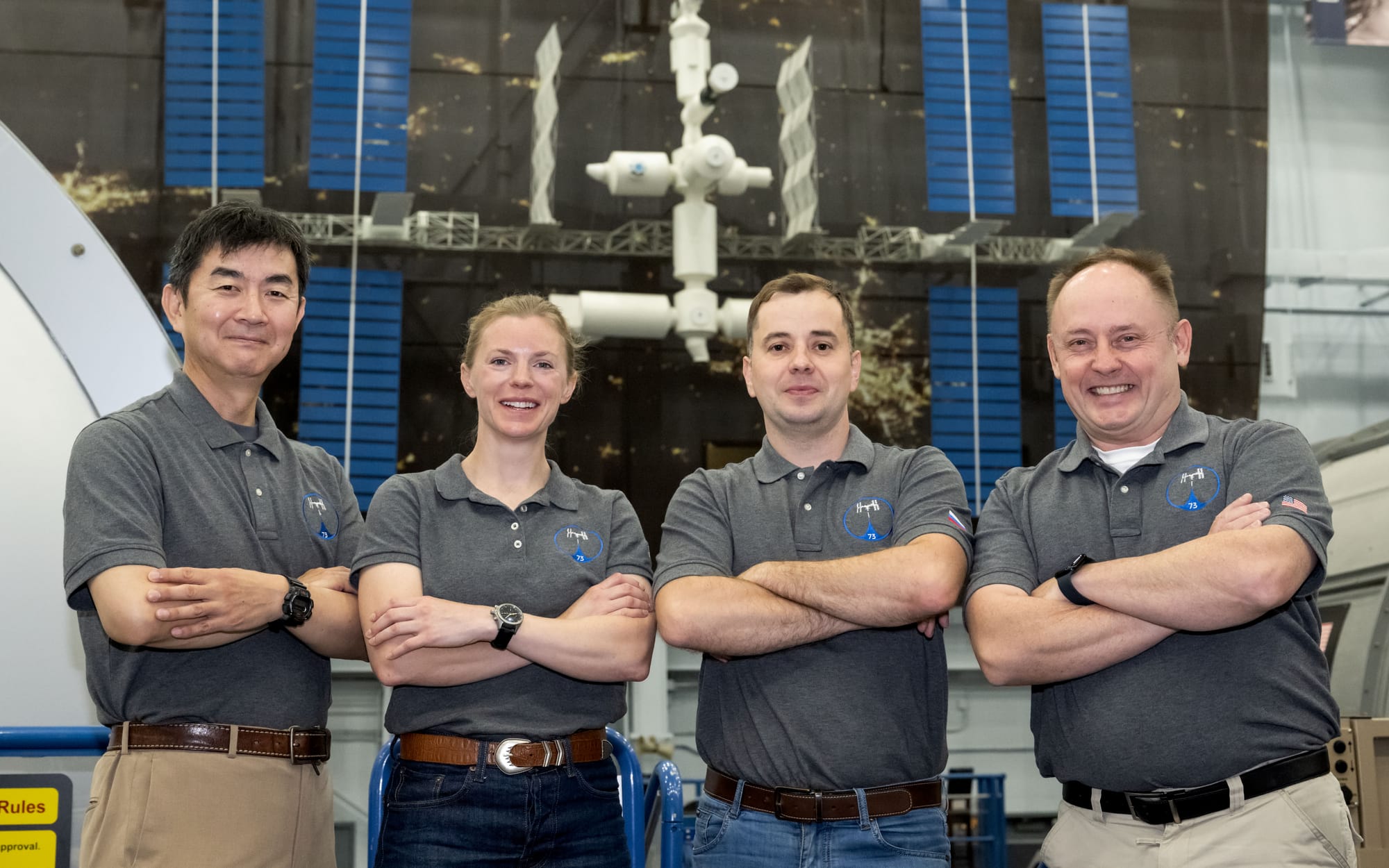 JAXA astronaut Kimiya Yui (left), NASA astronaut Zena Cardman (center left), Roscosmos cosmonaut Oleg Plantonov (center right), and NASA astronaut Mike Fincke (right). ©NASA