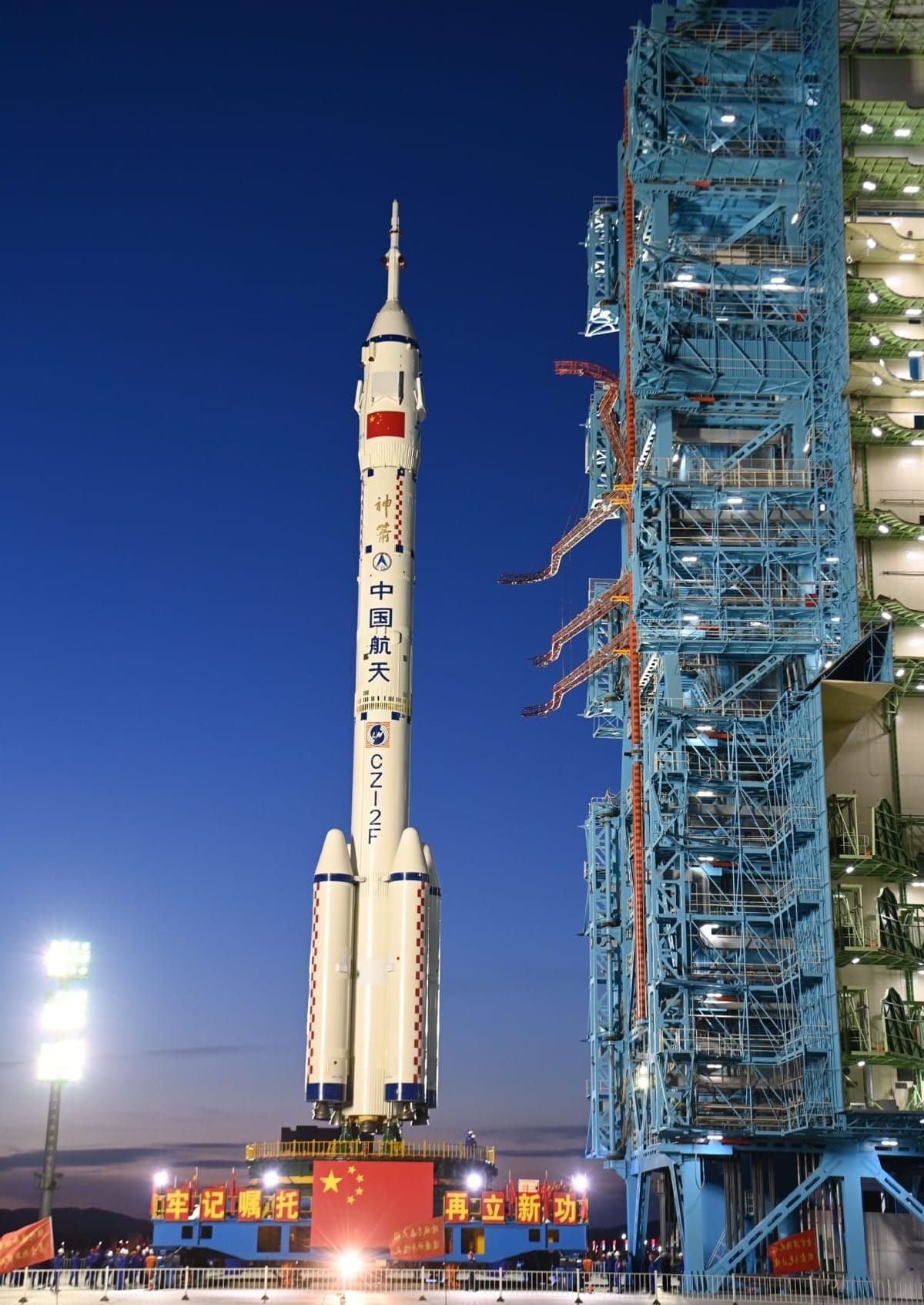 The Long March 2F/G Y20 vehicle arriving at its launch pad for the Shenzhou-20 mission.