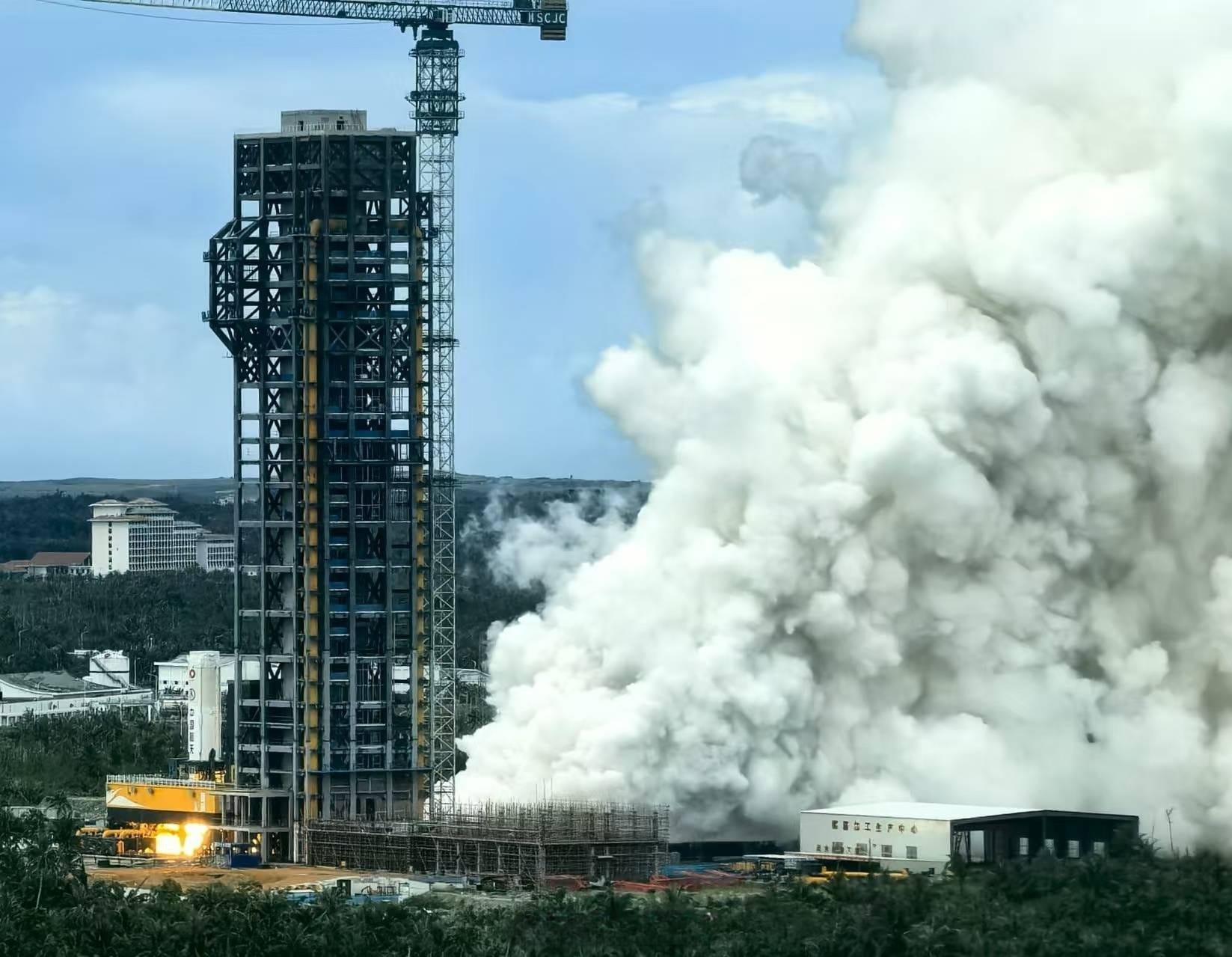 The Long March 10 static fire test article performing its static fire atop Launch Complex 301, at the Wenchang Space Launch Site.