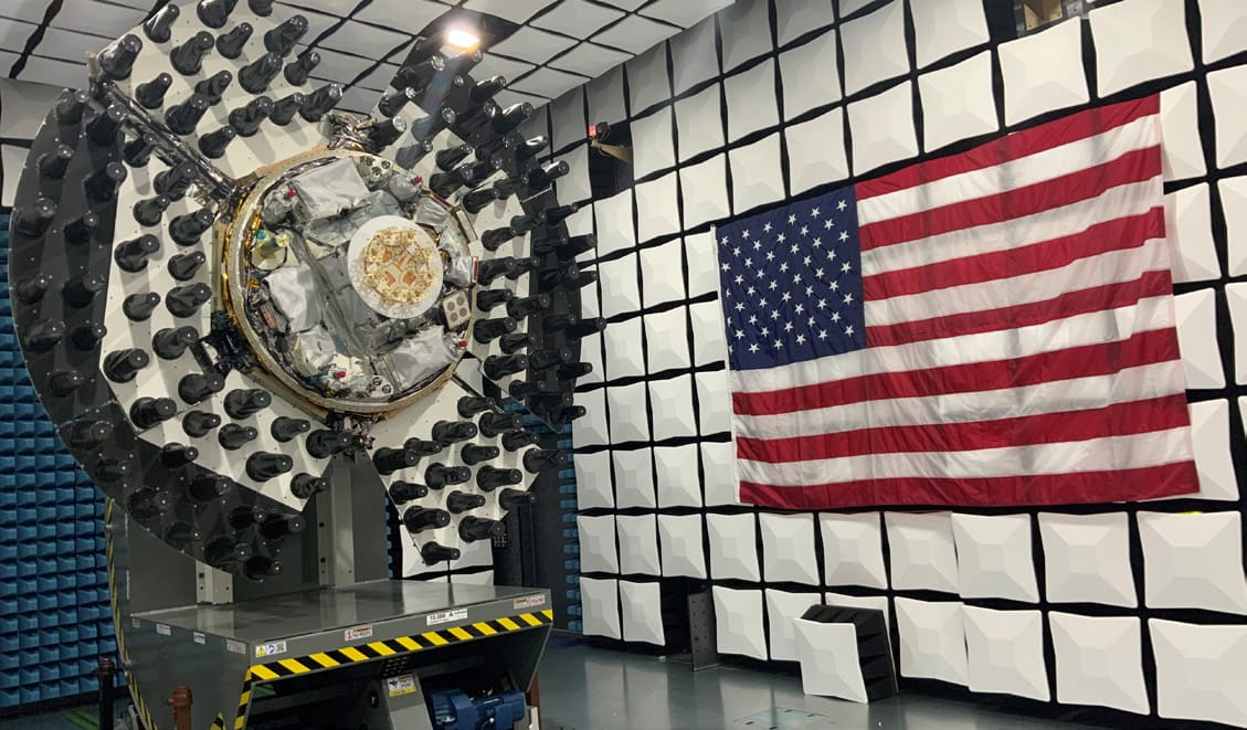 Navigation Technology Satellite-3 during pre-flight testing on Earth. ©L3Harris/U.S. Space Force