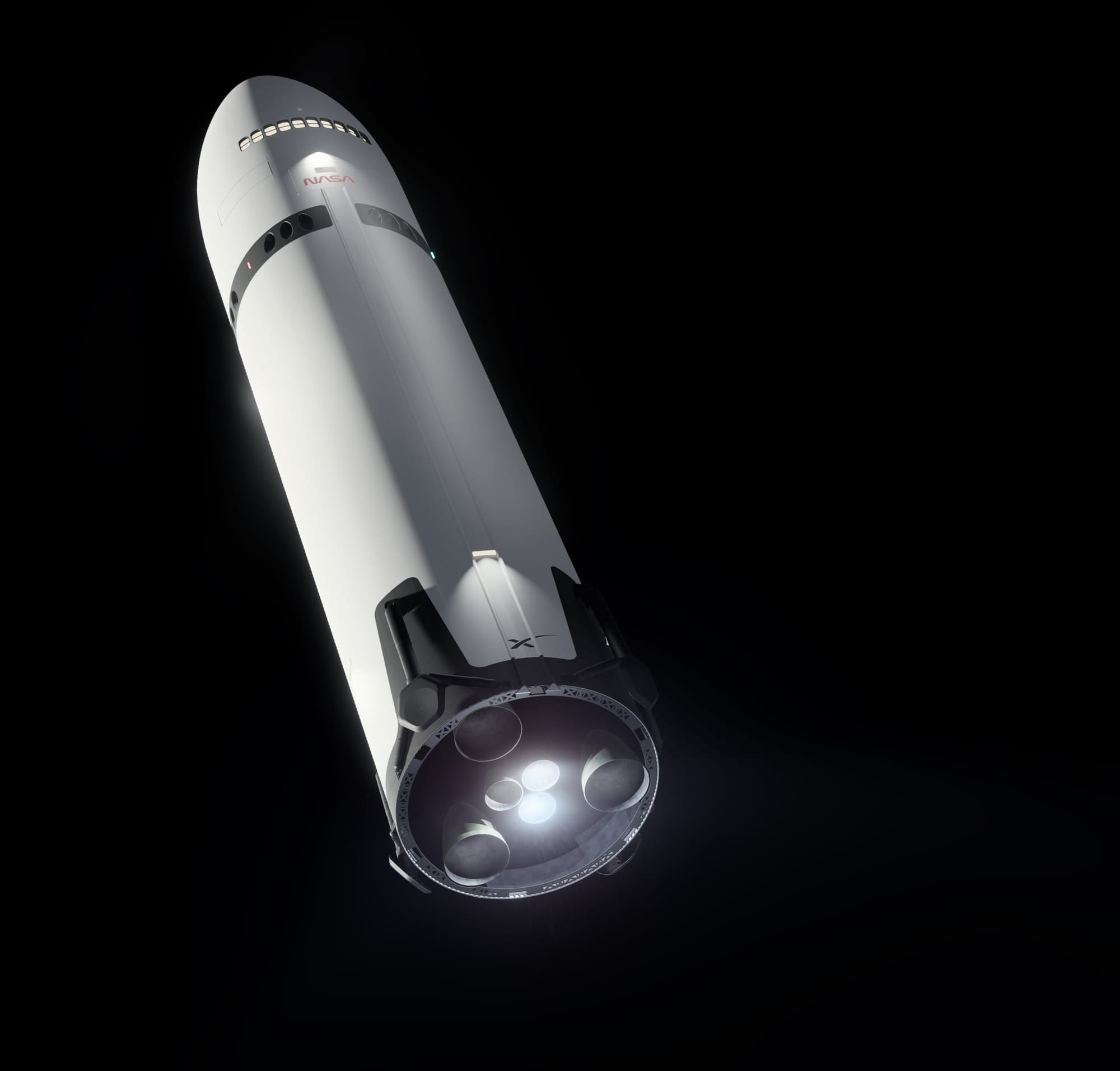 A render of SpaceX's 52-meter tall HLS during descent toward the lunar surface. ©SpaceX