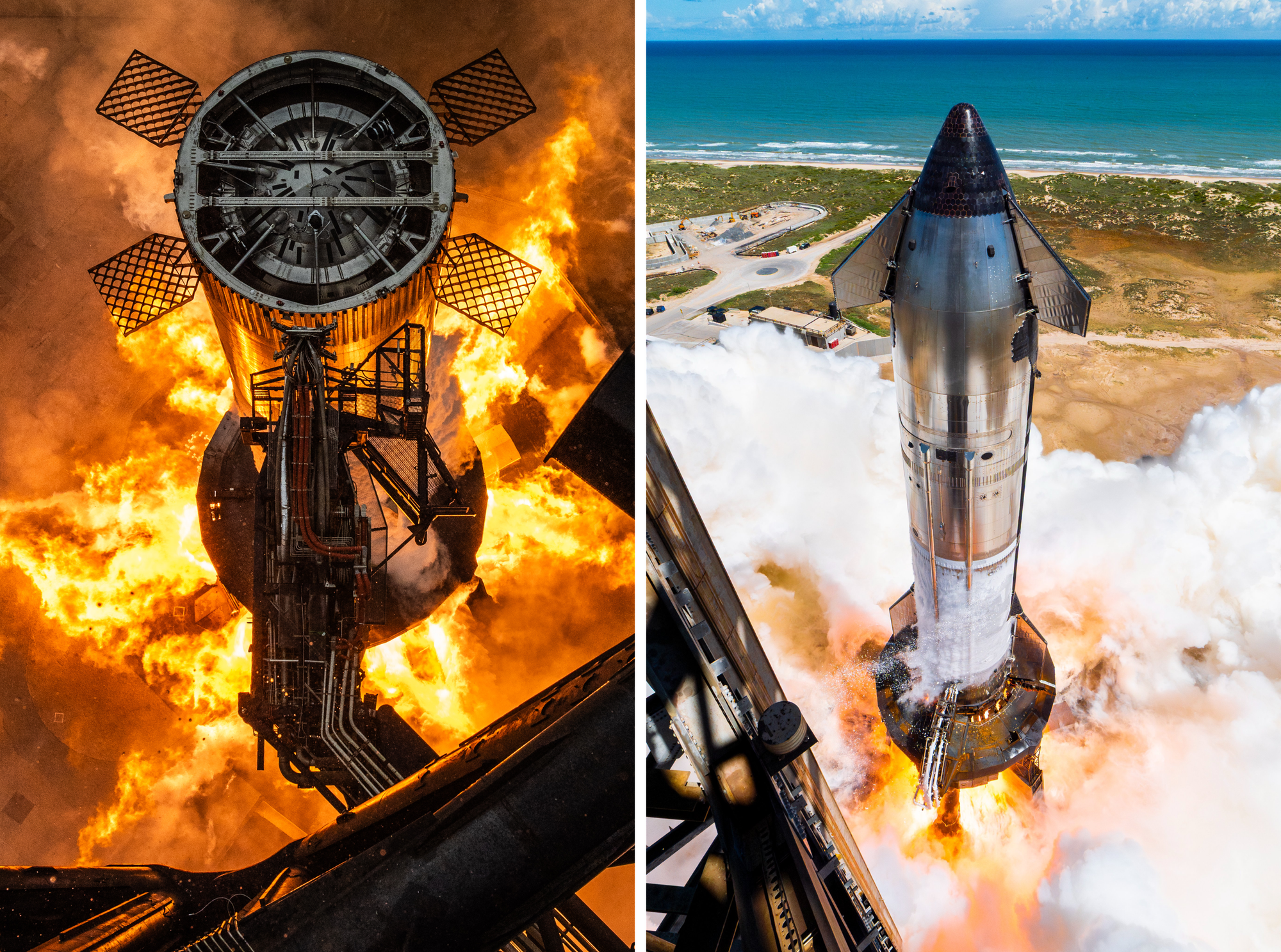 Super Heavy Booster 15 (left) and Ship 38 (right) performing pre-flight static fires. ©SpaceX