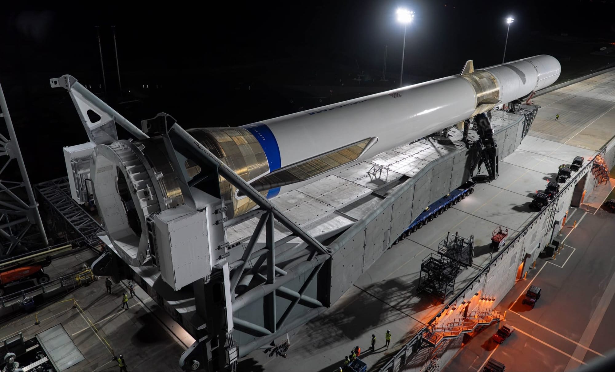 New Glenn on its transporter-erector heading onto Launch Complex 36 in late October. ©Blue Origin