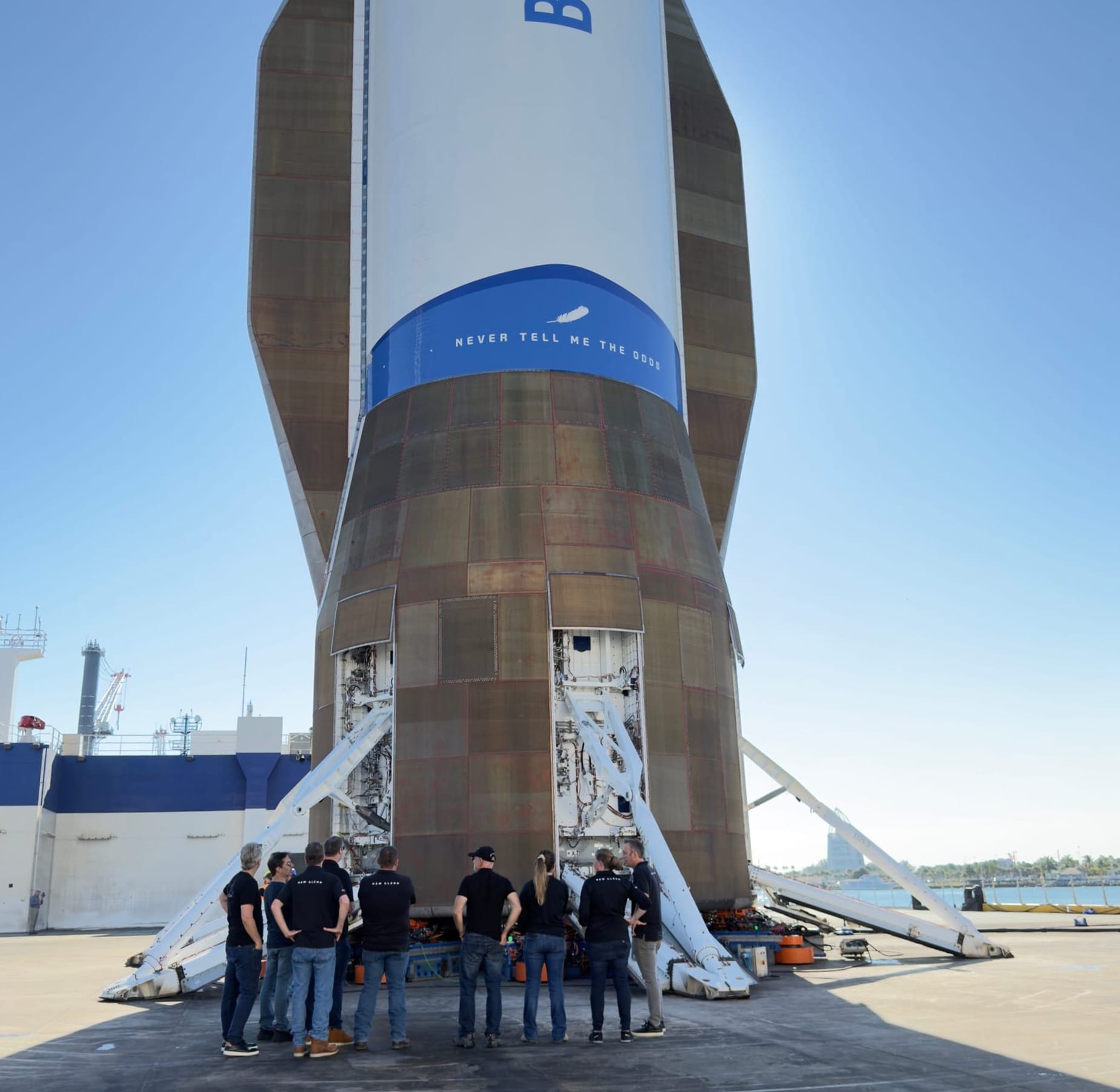New Glenn first-stage booster 'Never Tell Me The Odds' onboard 'Jacklyn' at Port Canaveral. ©Blue Origin