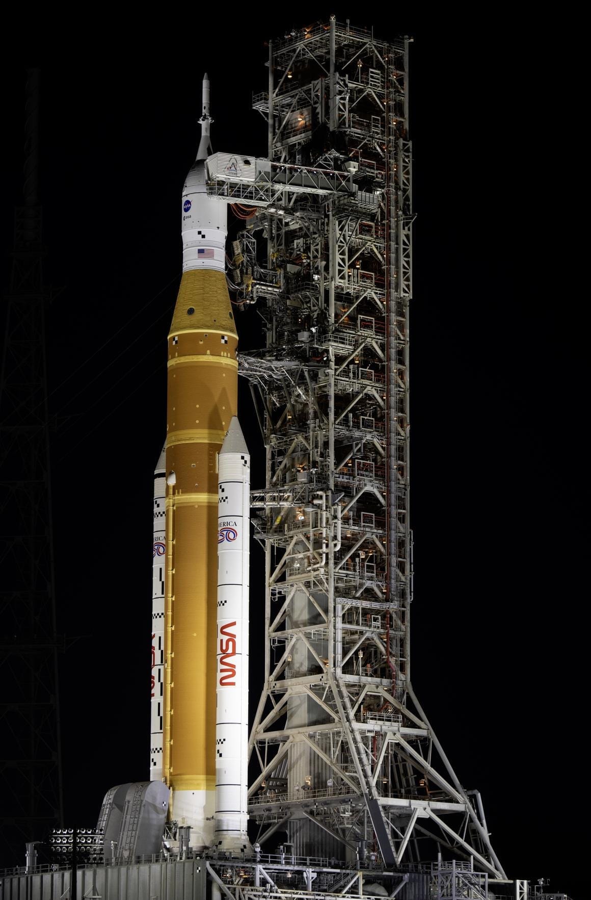 The Space Launch System rocket for the Artemis II mission at Launch Complex 39B on January 29th 2026 following its rollout. ©Jim Ross/NASA