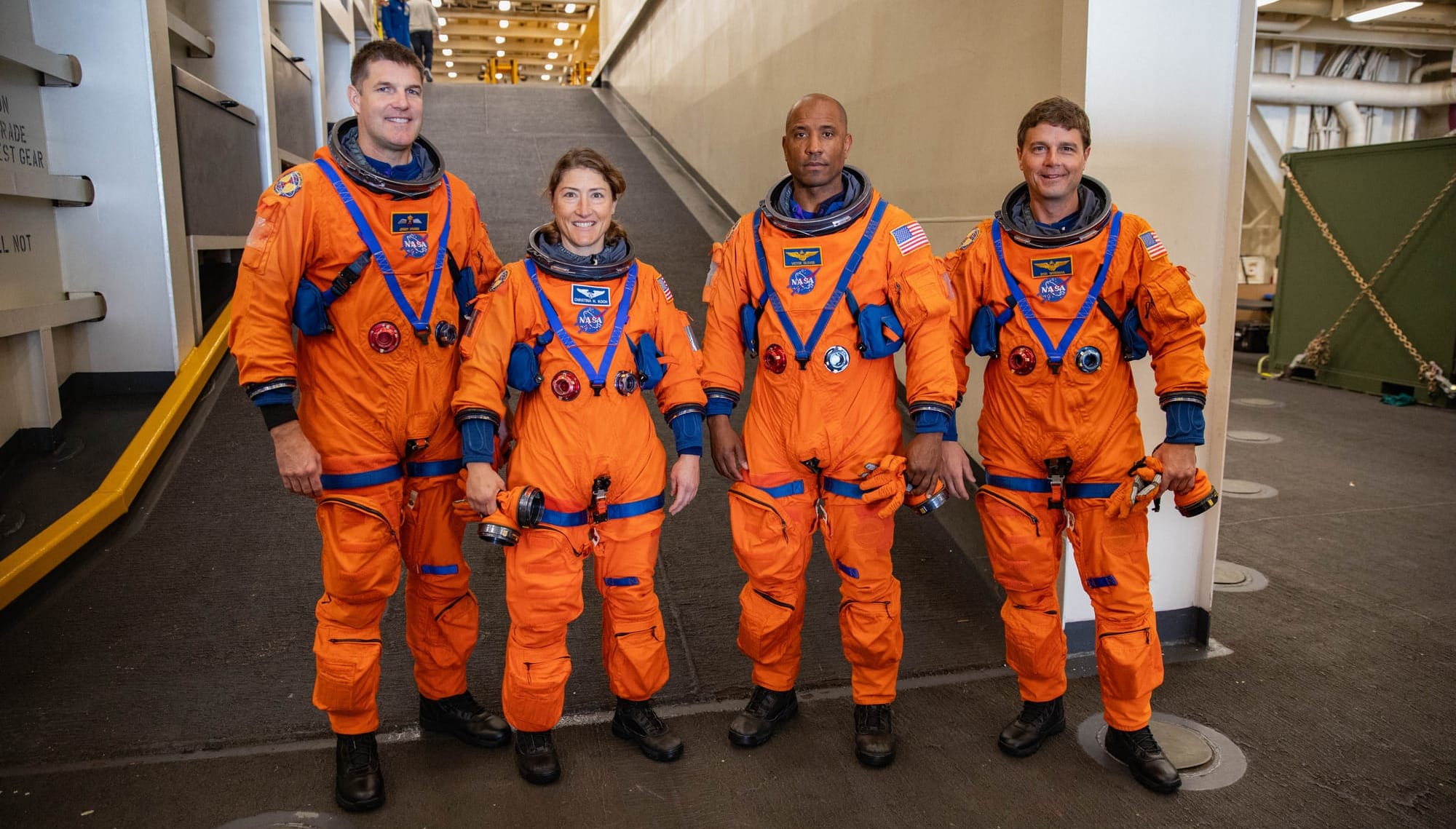 Artemis II's Jeremy Hansen (left), Christina Koch (center left), Victor Glover (center right), and Reid Wiseman (right) during sea recovery rehearsals in February 2024. ©Isaac Watson/NASA