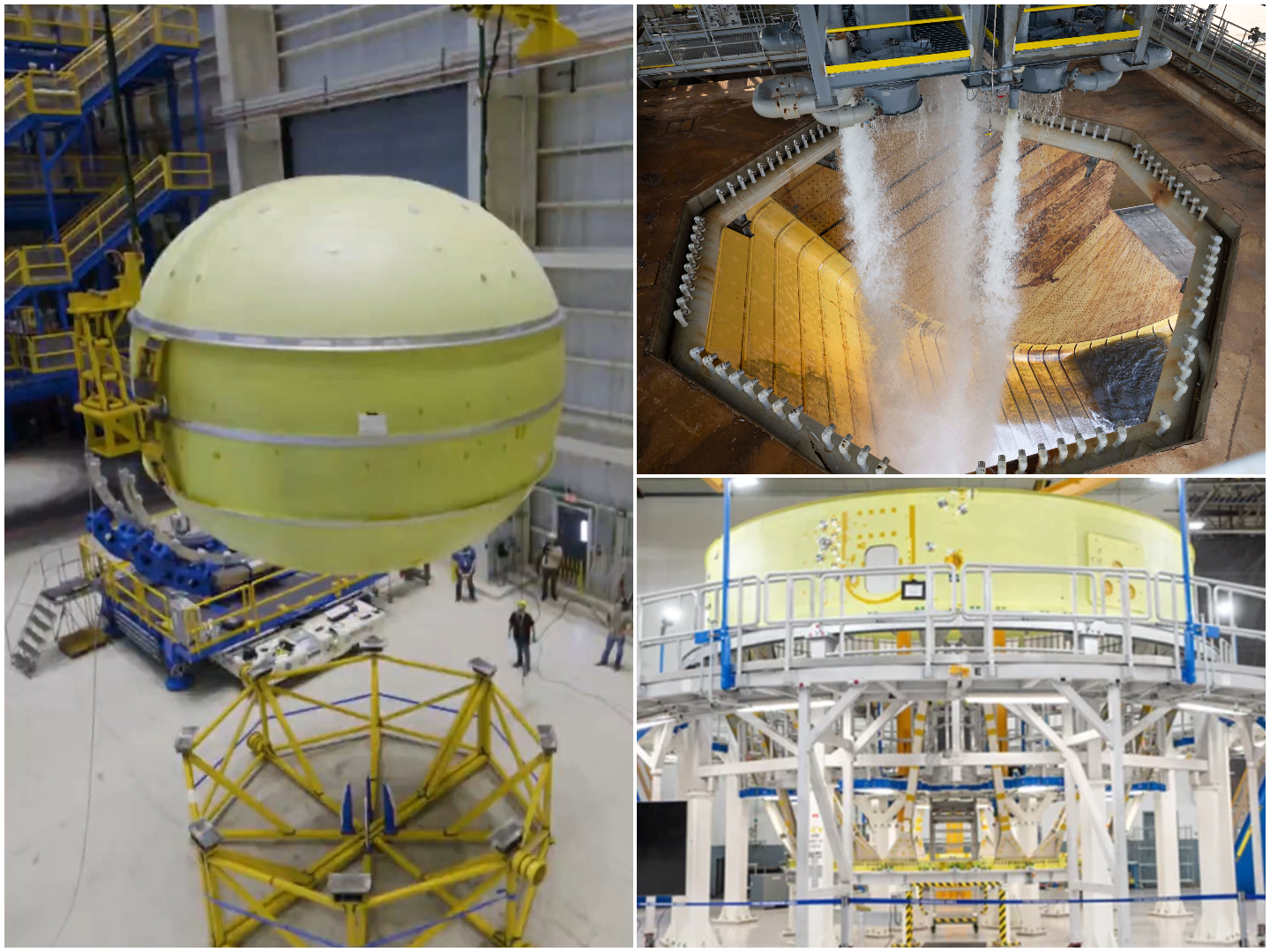 The Exploration Upper Stage's liquid oxygen tank (left)and part of its structural assembly (bottom right) in production, and a deluge test of the stages test stand in Mississippi (top right). ©Danny Nowlin/Boeing/NASA
